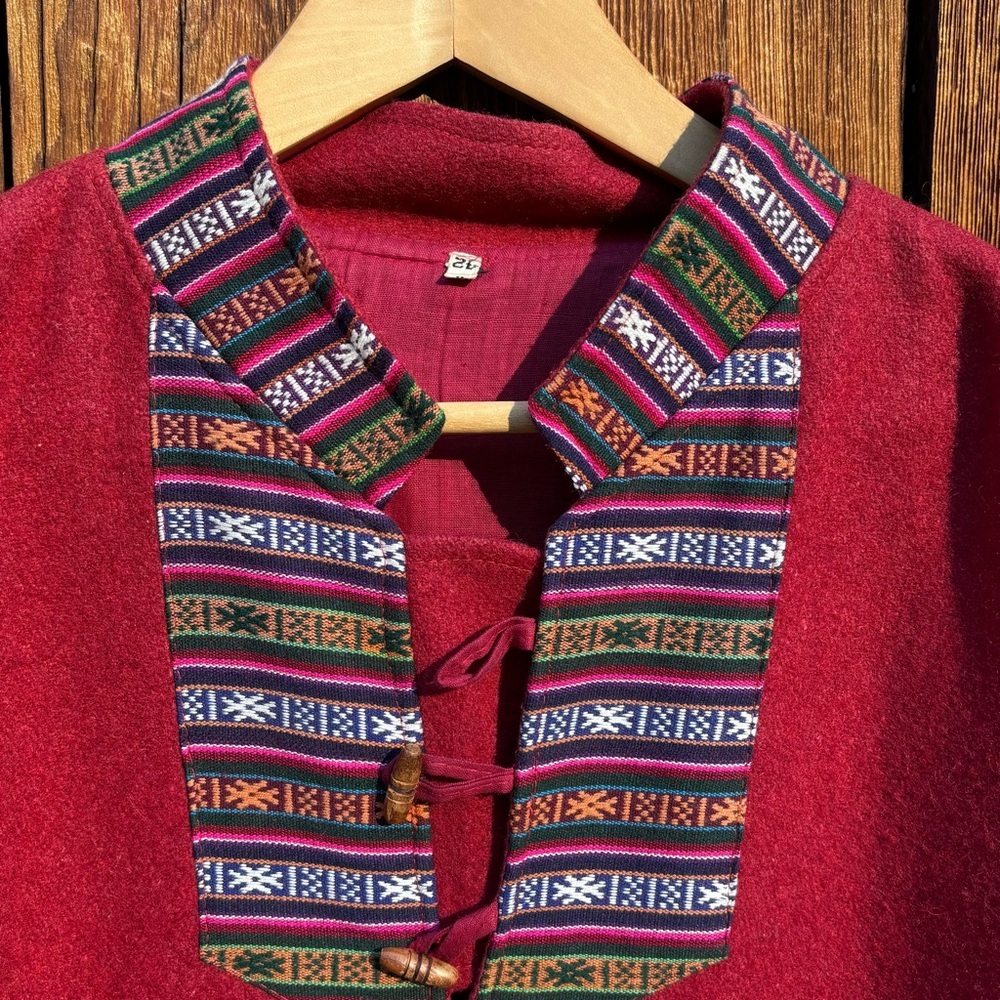 Nepalese Wool Pullover Deep Red with Patterned woven Trim Size XL - Picture 4 of 9